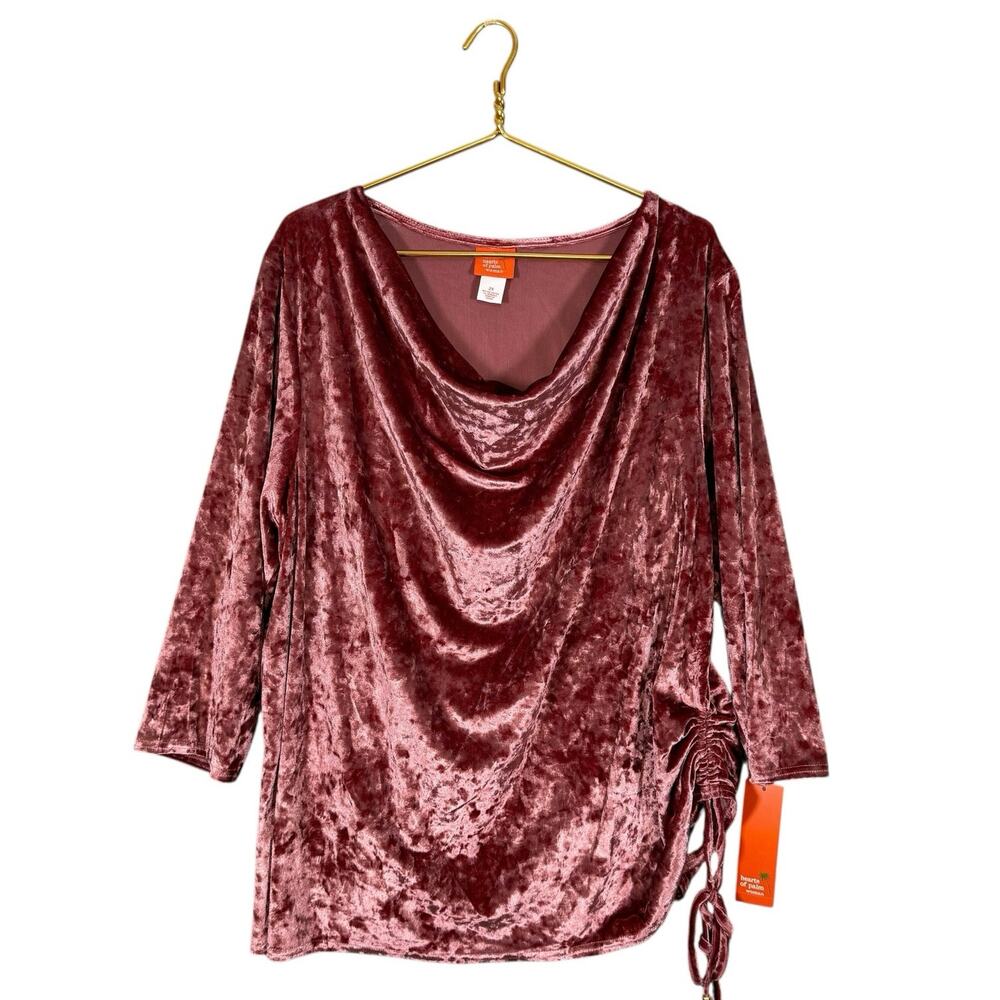 Hearts of Palms Crushed Velvet Pink Cowl Neck Ruched Top Plus 2X NWT